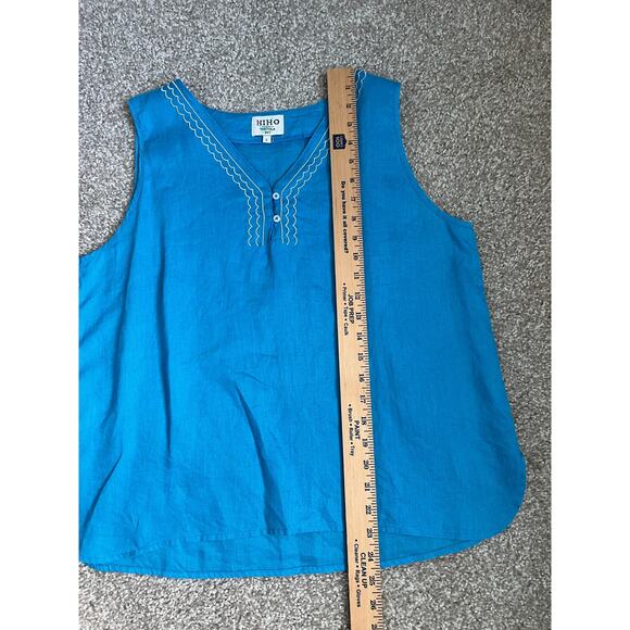 HIHO Tortola Linen Embroidered Sleeveless Top Blue Resort Coastal Scallop Large - Picture 9 of 10